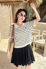 Áo len dệt kim cổ polo kẻ sọc đen