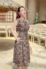 Đầm xòe họa tiết eo bo chun phối nơ