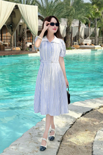 Đầm xòe sơ mi cổ trắng kẻ sọc xanh
