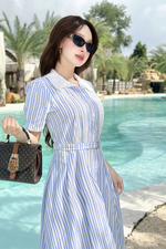 Đầm xòe sơ mi cổ trắng kẻ sọc xanh