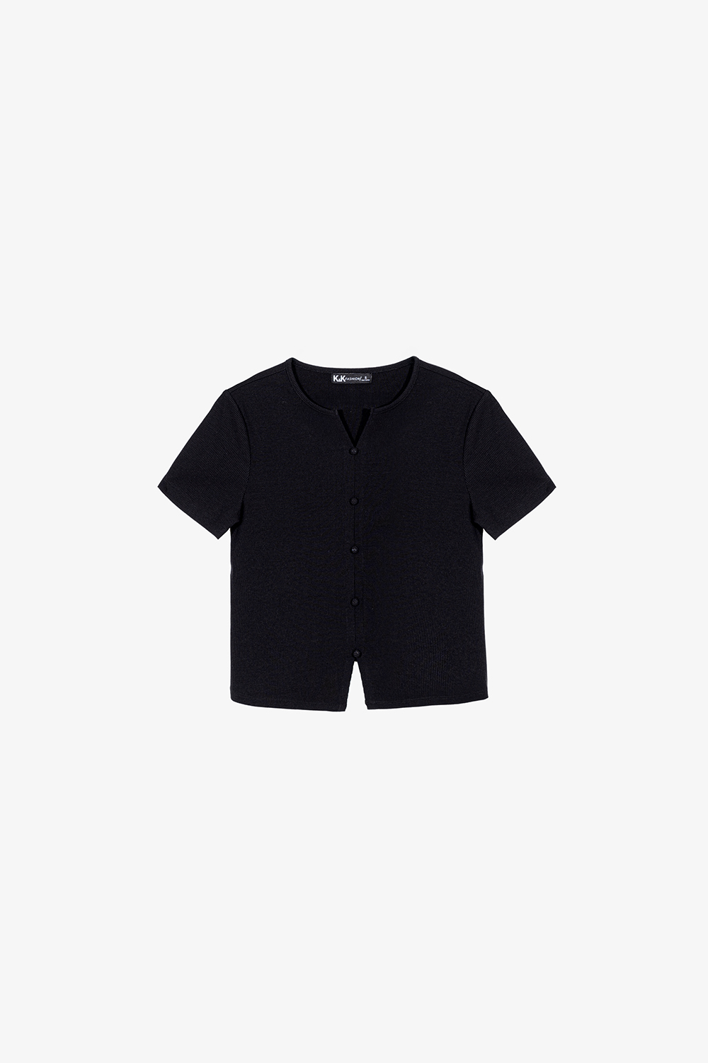 Áo thun gân tay ngắn màu đen cổ xẻ V