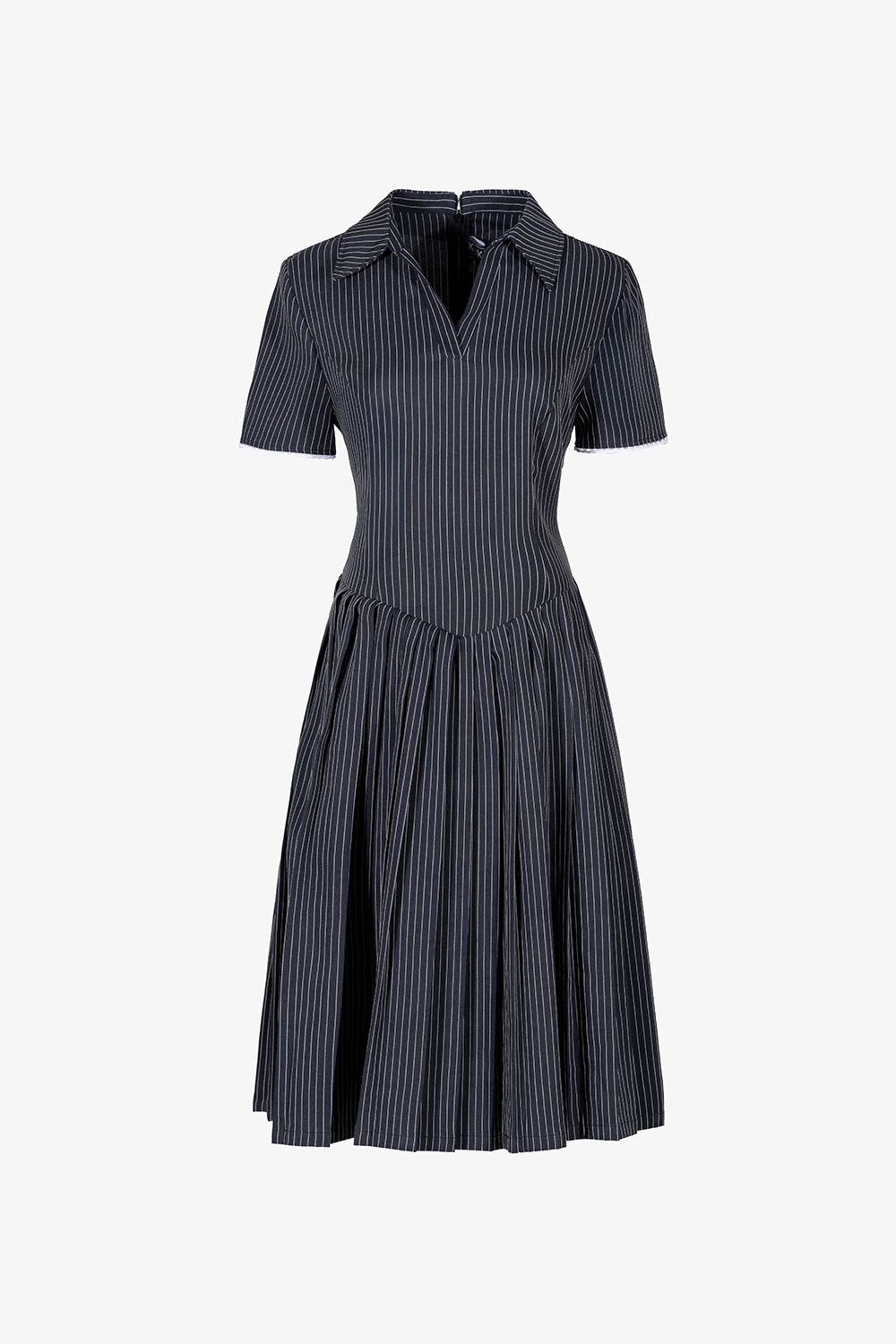 Đầm kẻ sọc dáng xòe xếp ly cổ sơ mi