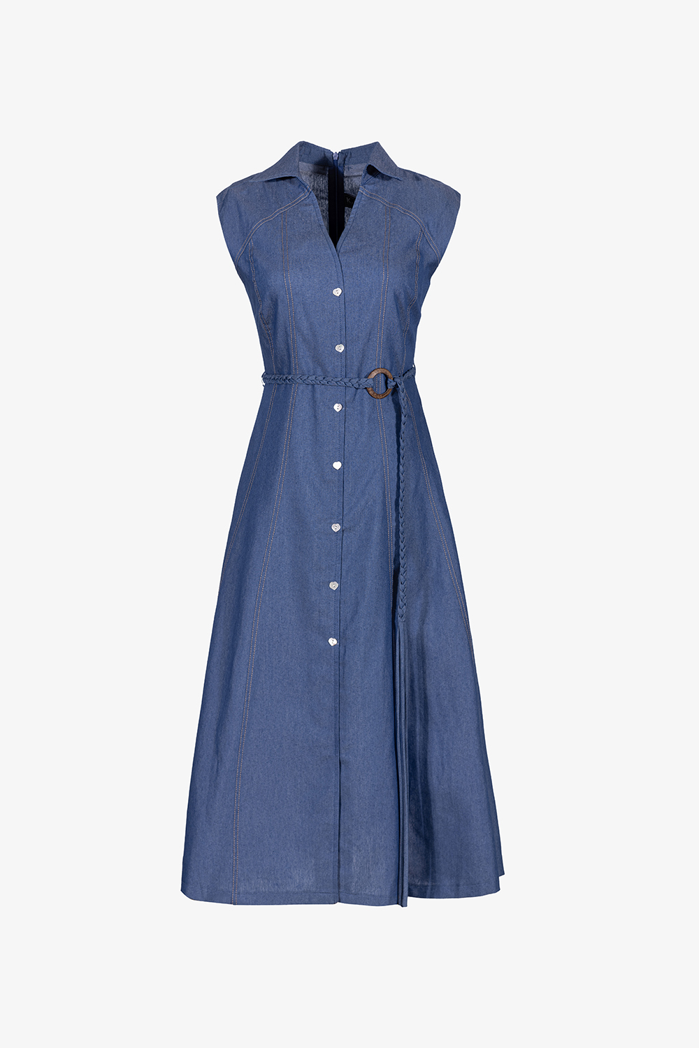 Đầm denim xanh cổ sơ mi dáng chữ A dài