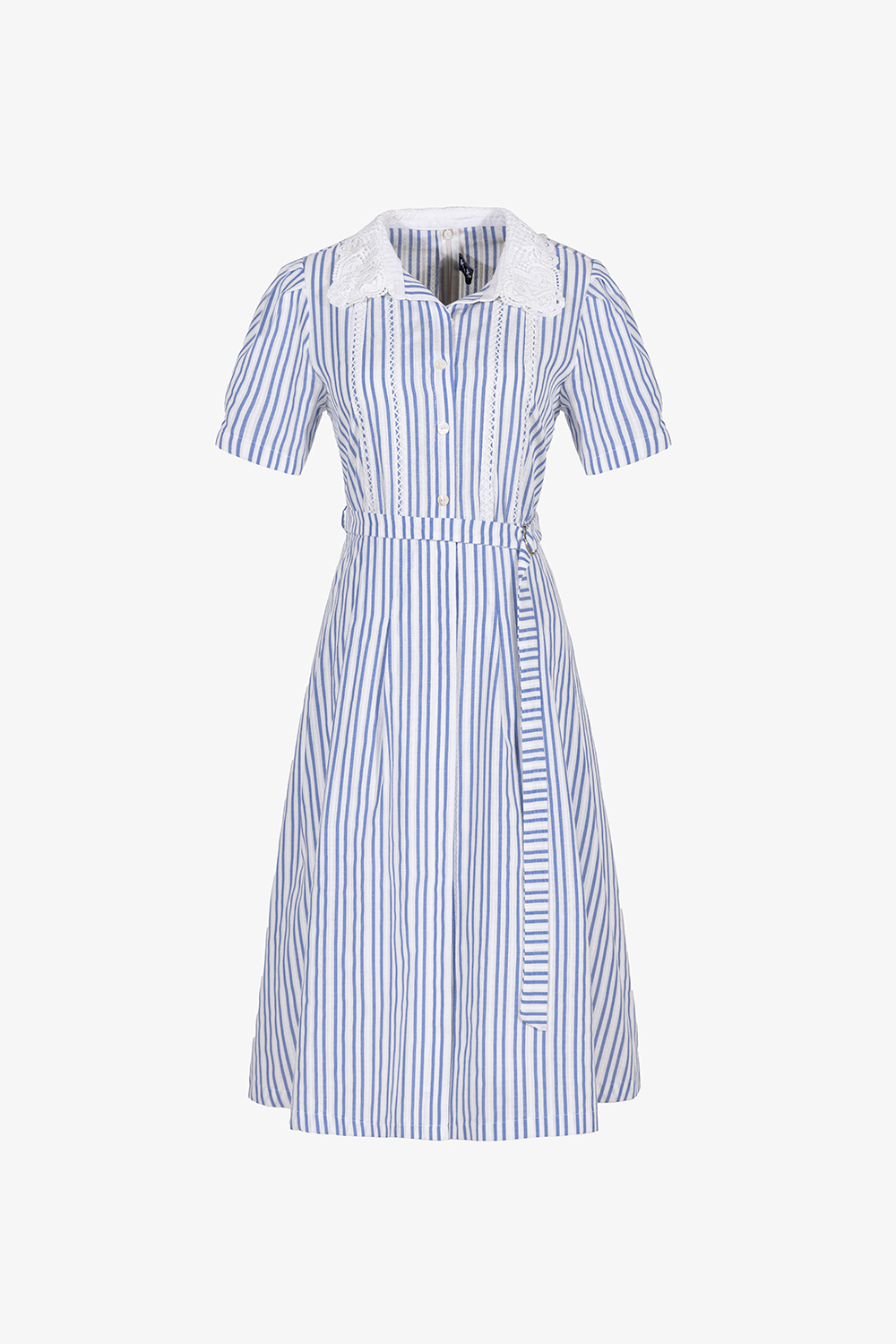 Đầm xòe sơ mi cổ trắng kẻ sọc xanh