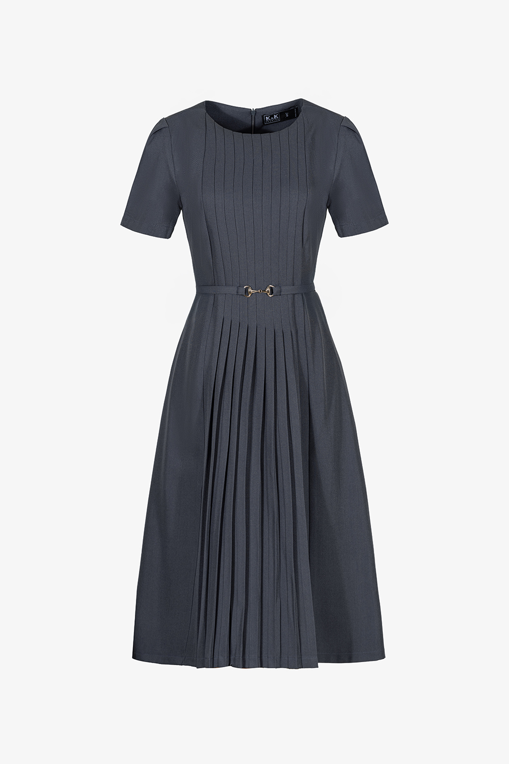 Đầm xòe công sở cổ tròn xếp ly thân trước