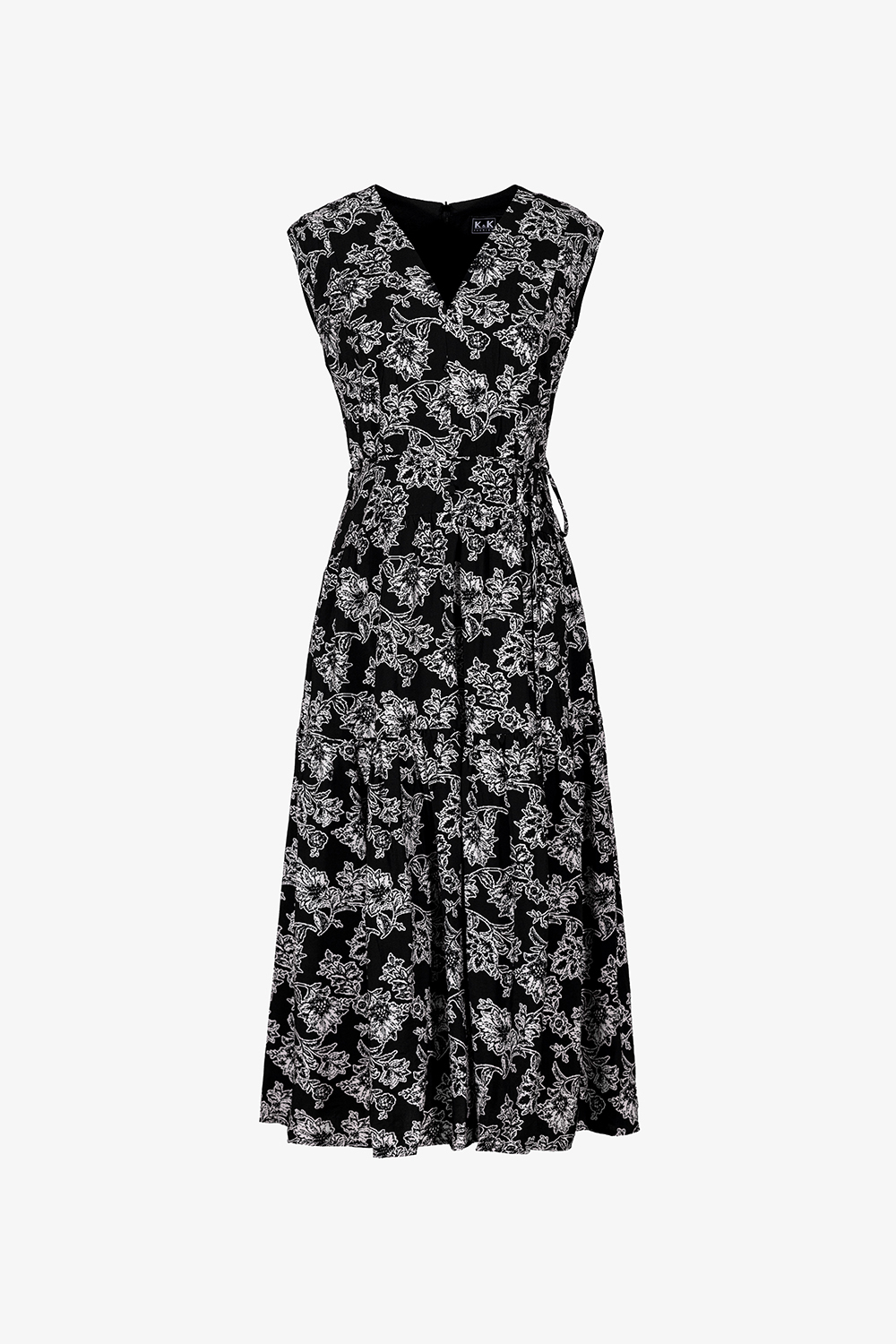 Đầm đen hoa cổ V thắt nơ eo