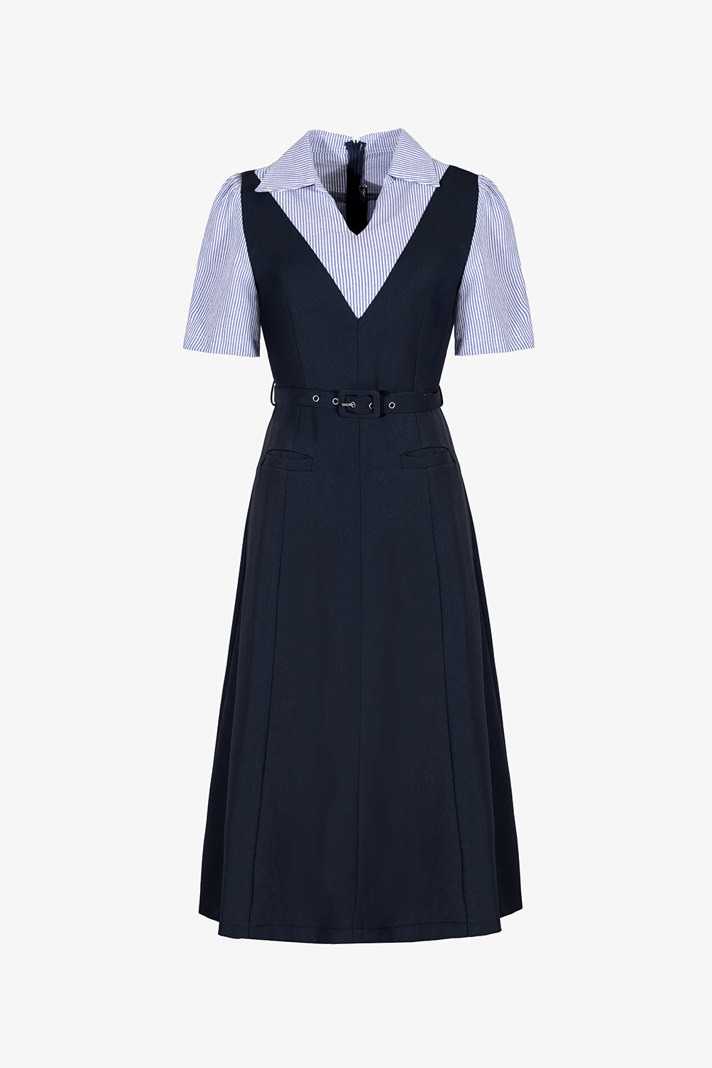 Đầm xòe công sở phối màu kèm thắt lưng