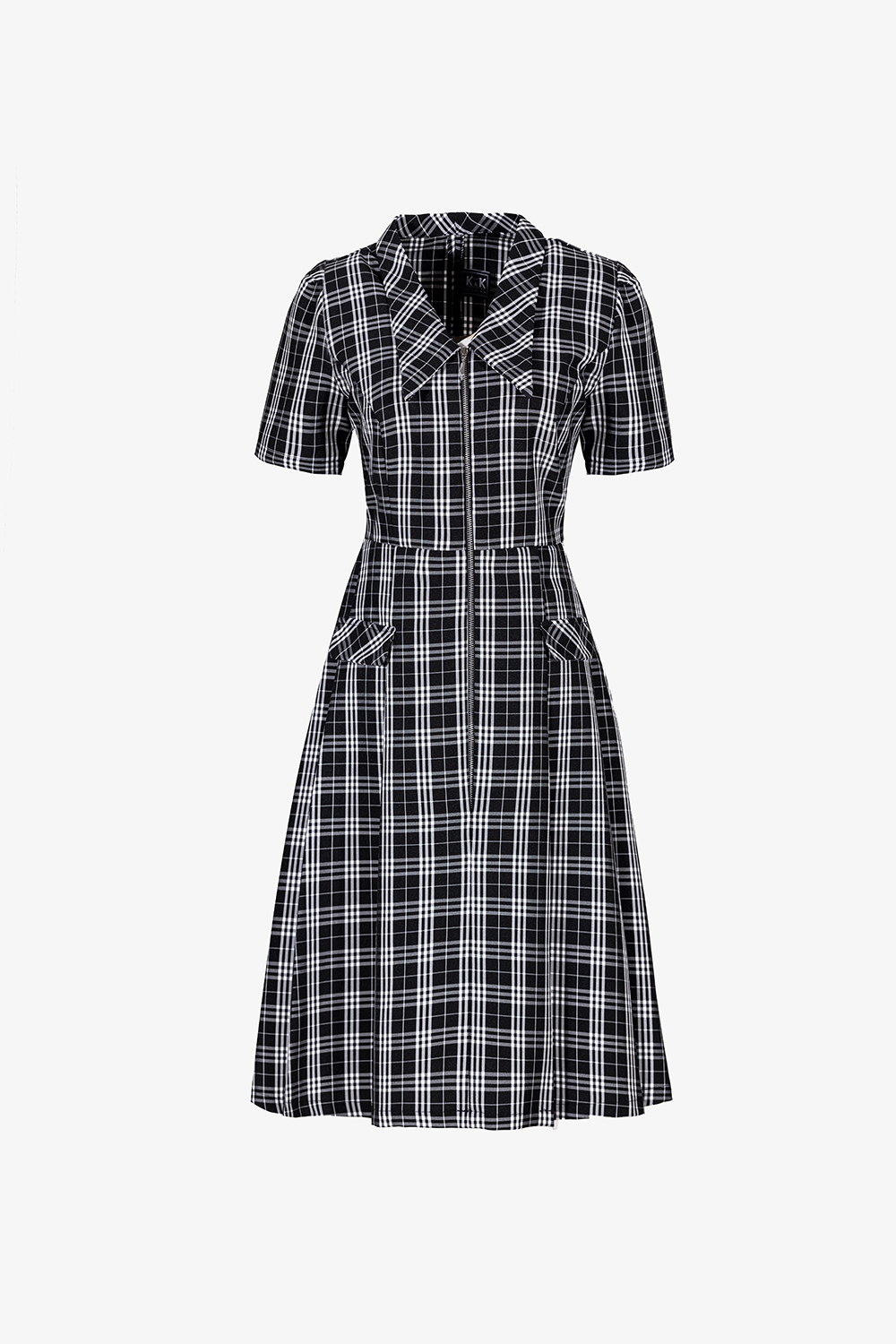 Đầm công sở caro cổ sen nhọn dáng xòe