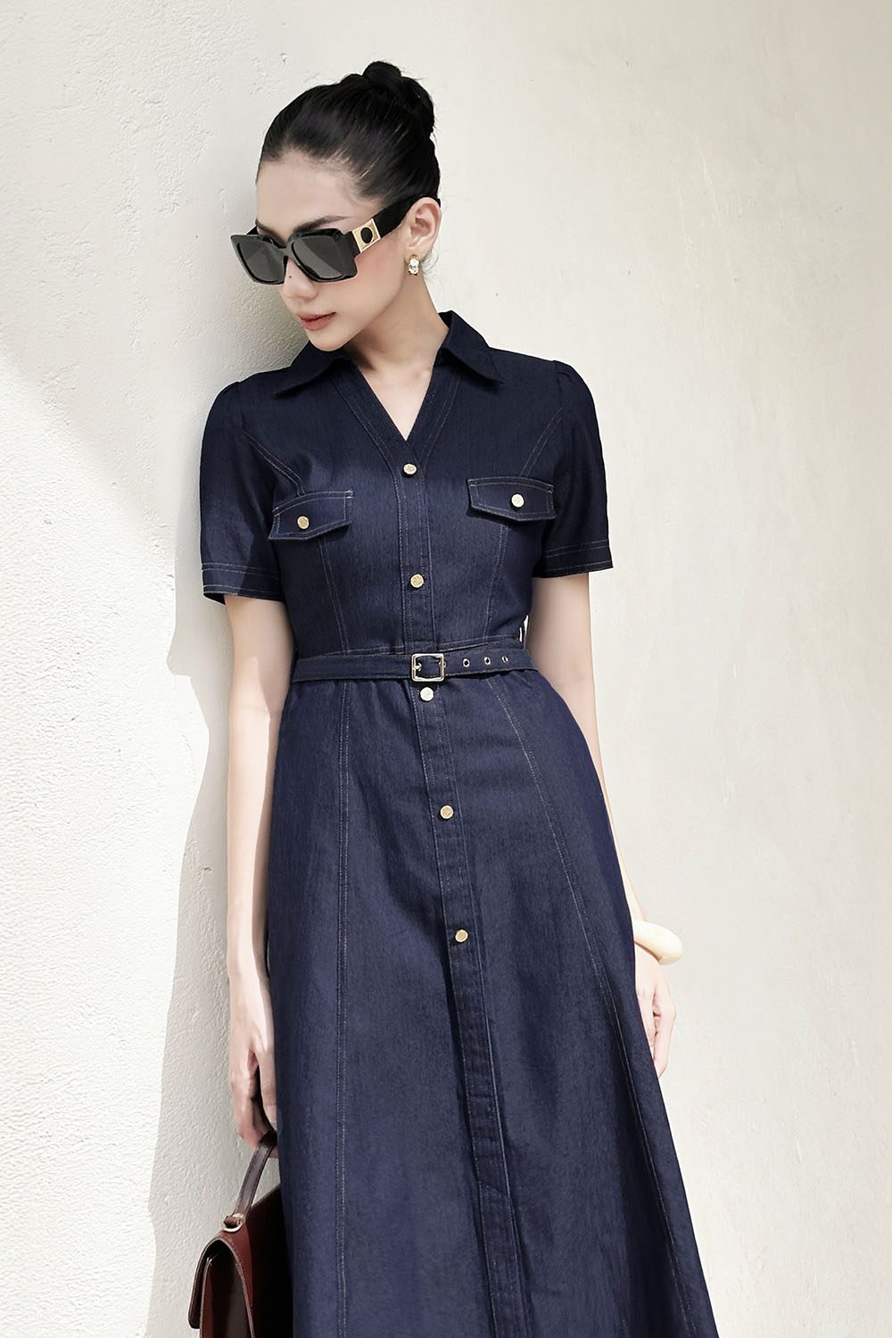 Đầm sơ mi denim dáng xòe chữ A