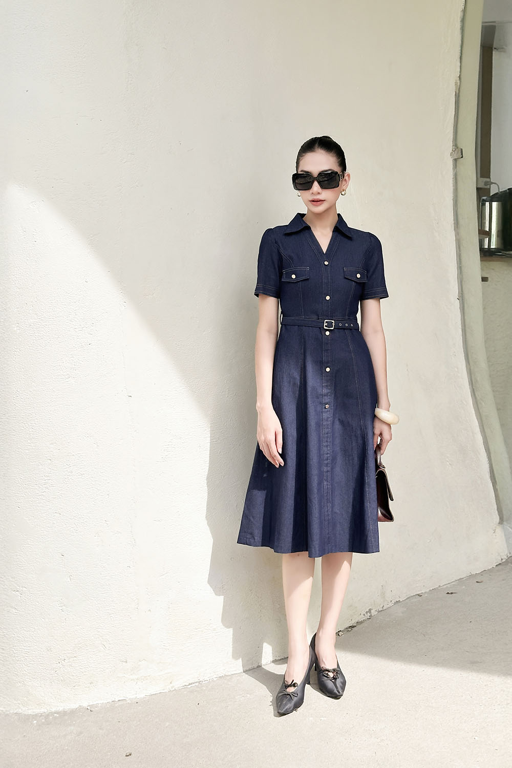 Đầm sơ mi denim dáng xòe chữ A