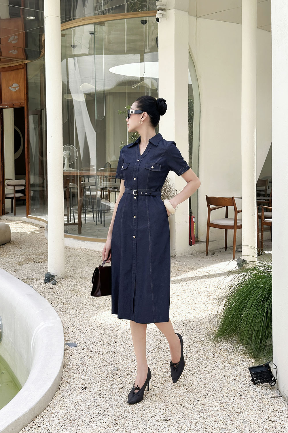 Đầm sơ mi denim dáng xòe chữ A