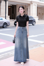 Áo thun gân cotton cổ sen màu đen