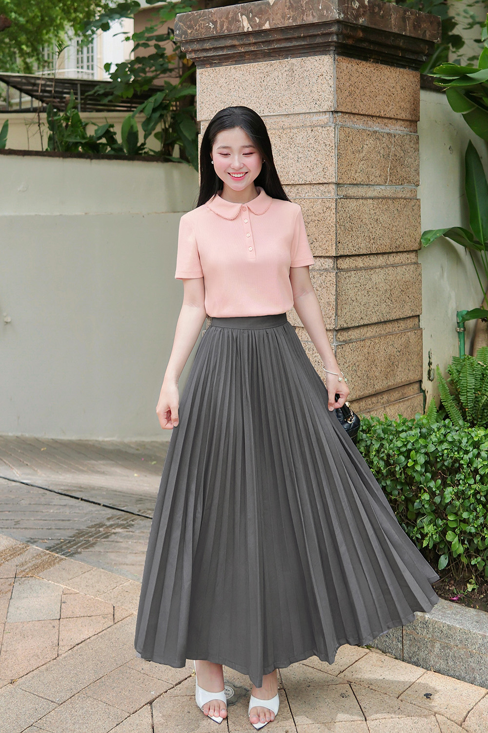 Áo thun gân cotton màu hồng cổ sen
