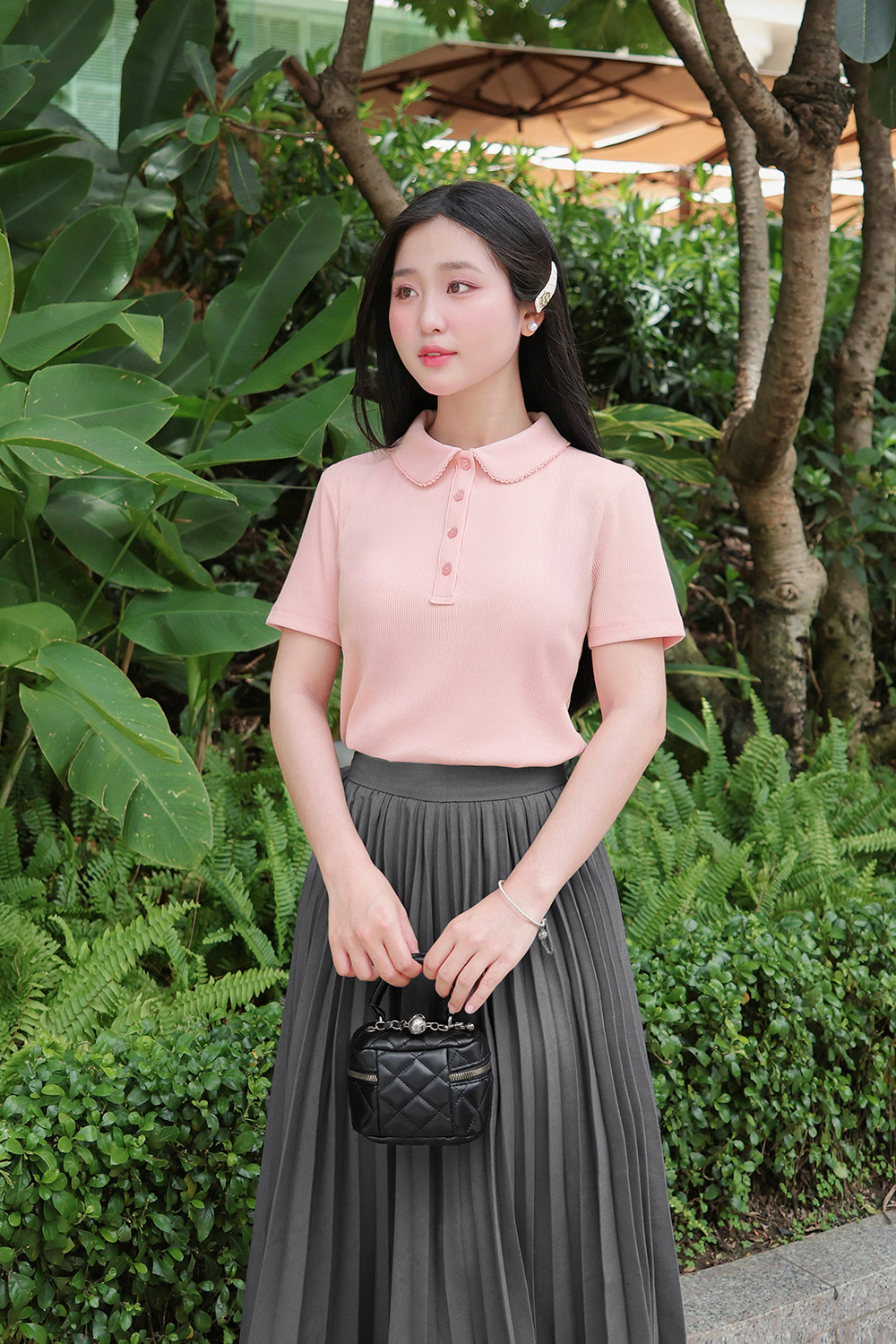 Áo thun gân cotton màu hồng cổ sen