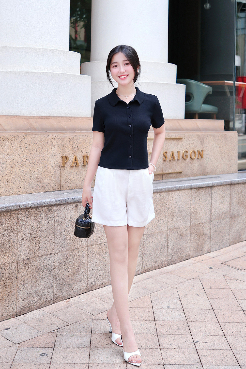 Áo thun gân xanh đen cổ sen cài cúc trước