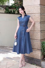 Đầm denim xanh cổ sơ mi dáng chữ A dài