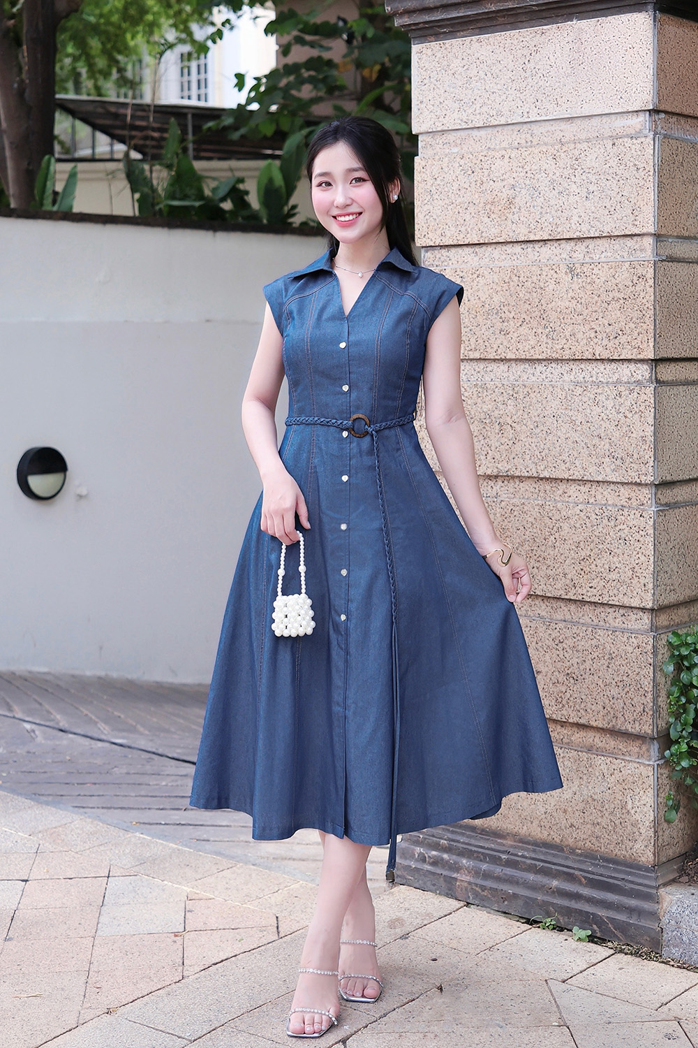 Đầm denim xanh cổ sơ mi dáng chữ A dài