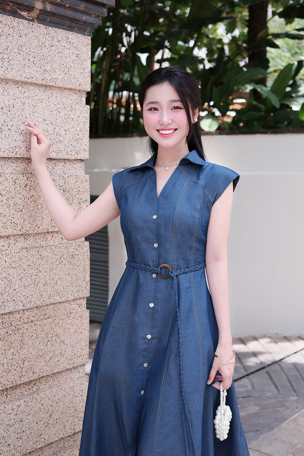 Đầm denim xanh cổ sơ mi dáng chữ A dài