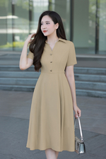 Đầm công sở cổ sơ mi dáng xòe phối nút