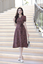 Đầm xòe hoa nhí đắp chéo phối nơ