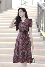 Đầm xòe hoa nhí đắp chéo phối nơ