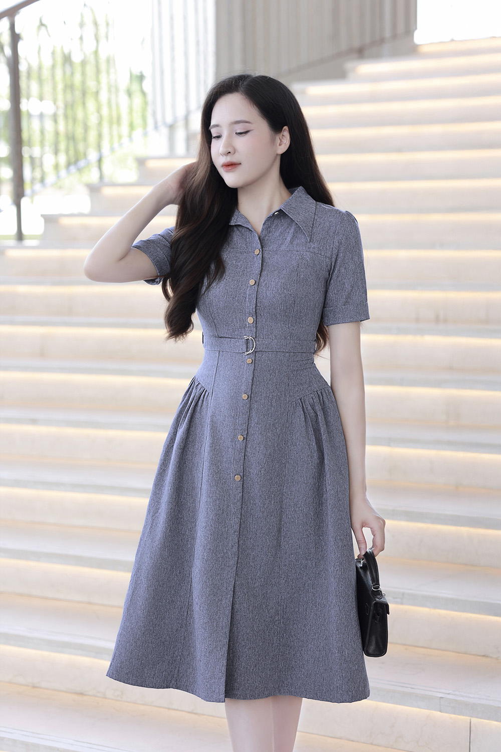 Đầm xòe sơ mi công sở kèm đai eo