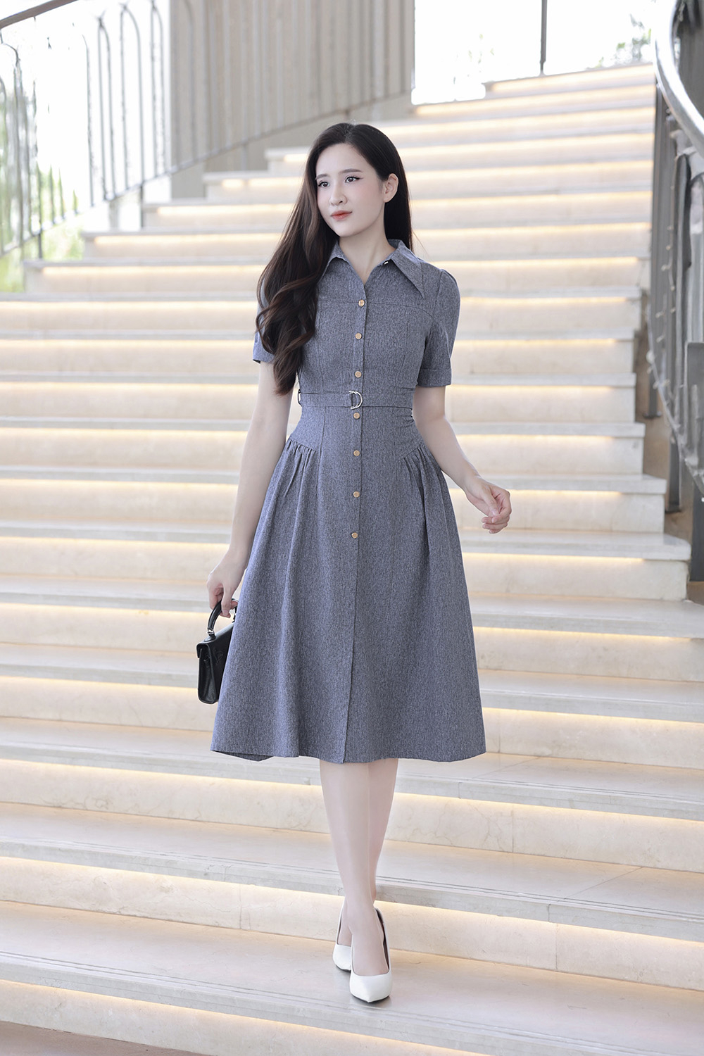 Đầm xòe sơ mi công sở kèm đai eo