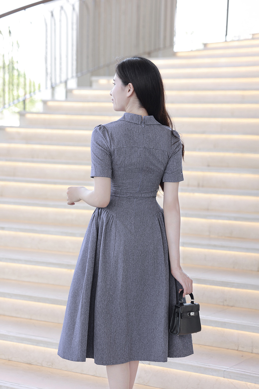 Đầm xòe sơ mi công sở kèm đai eo