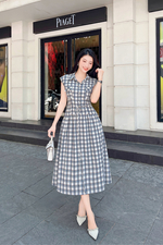 Đầm dài caro cổ sơ mi eo thắt nơ