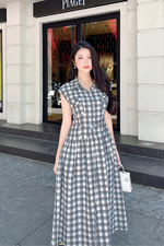 Đầm dài caro cổ sơ mi eo thắt nơ