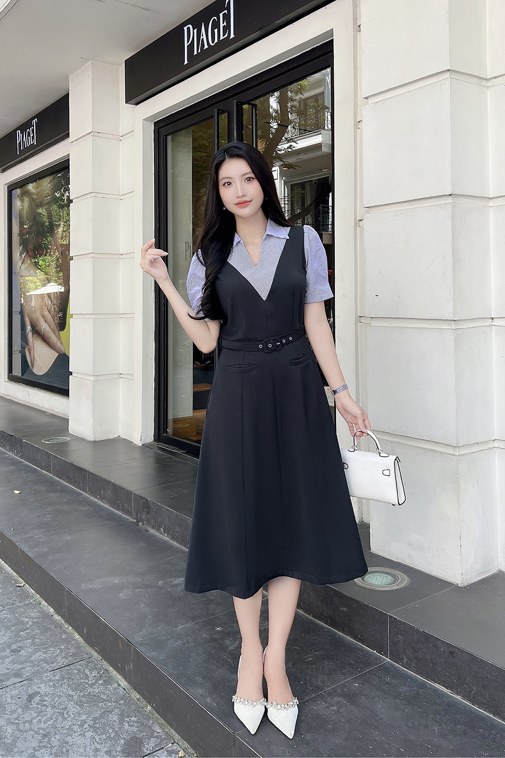 Đầm xòe công sở phối màu kèm thắt lưng