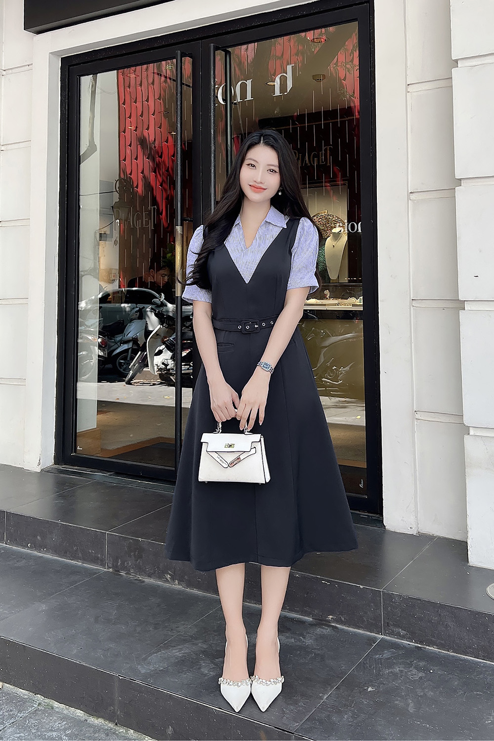 Đầm xòe công sở phối màu kèm thắt lưng