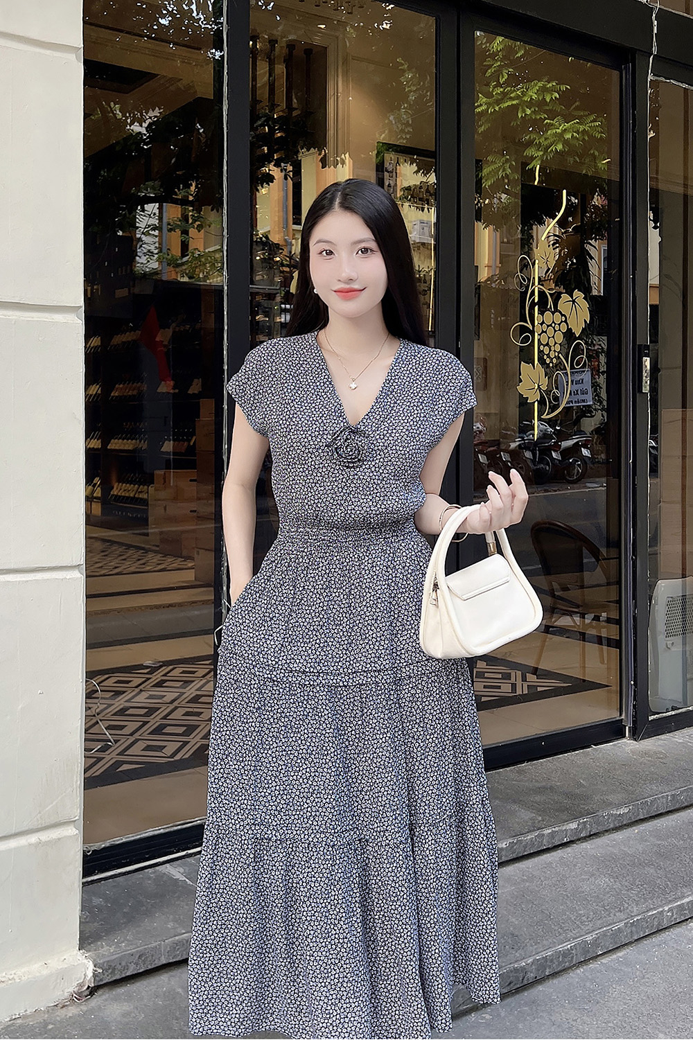 Đầm hoa nhí dáng xòe dài eo bo chun