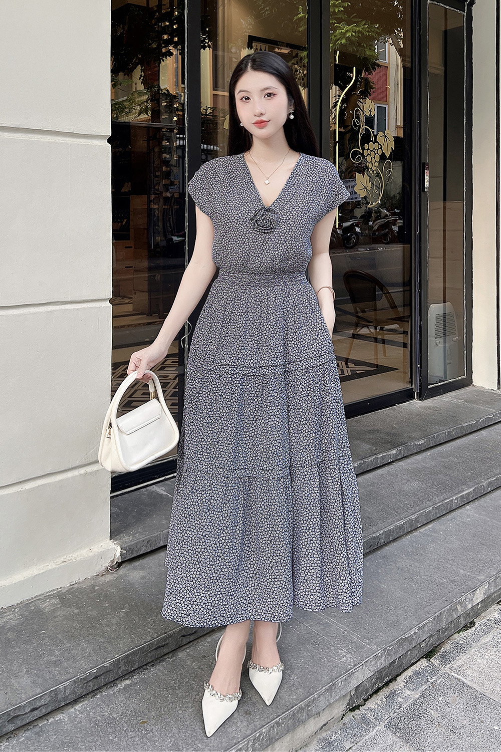 Đầm hoa nhí dáng xòe dài eo bo chun