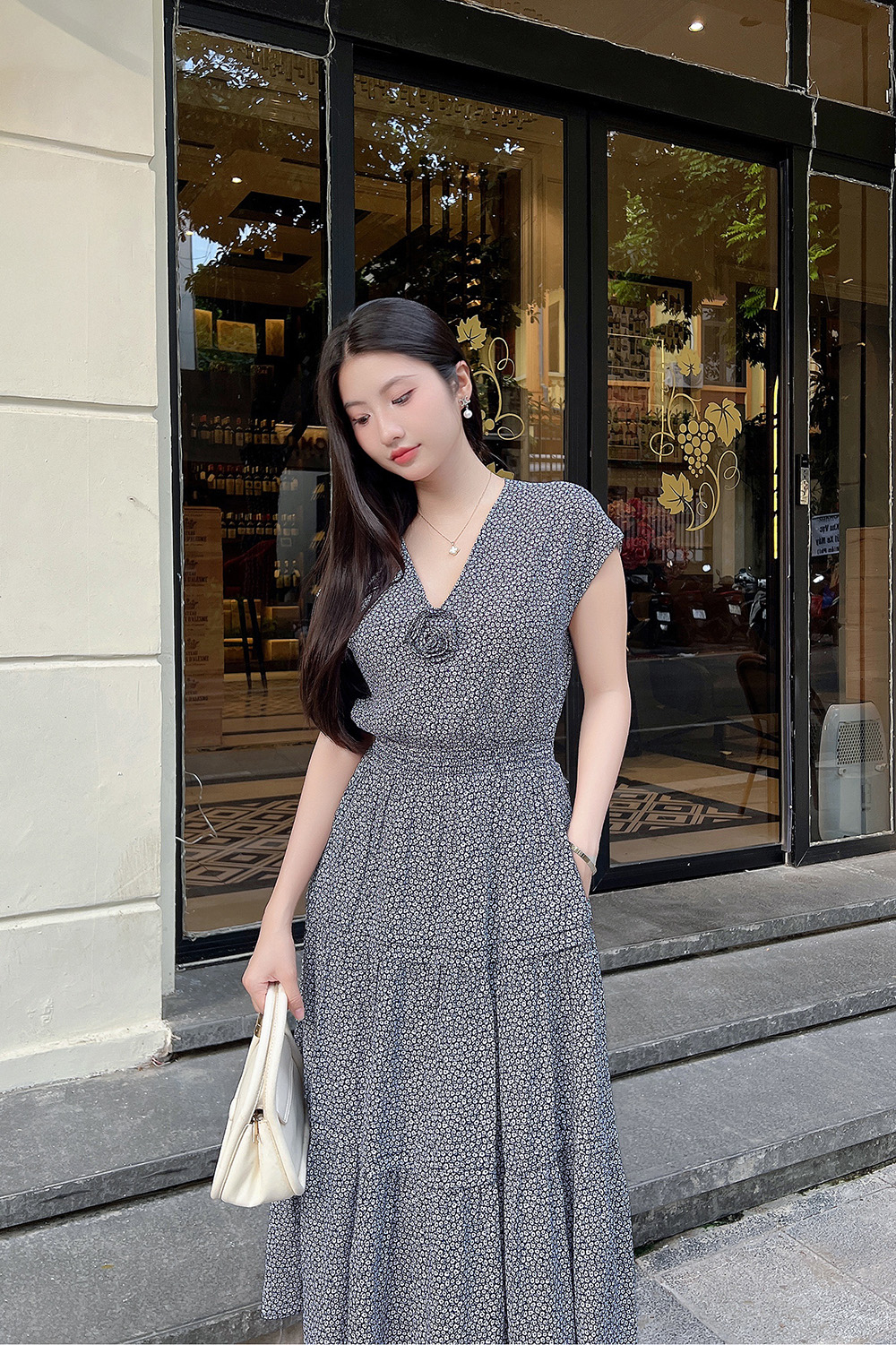 Đầm hoa nhí dáng xòe dài eo bo chun