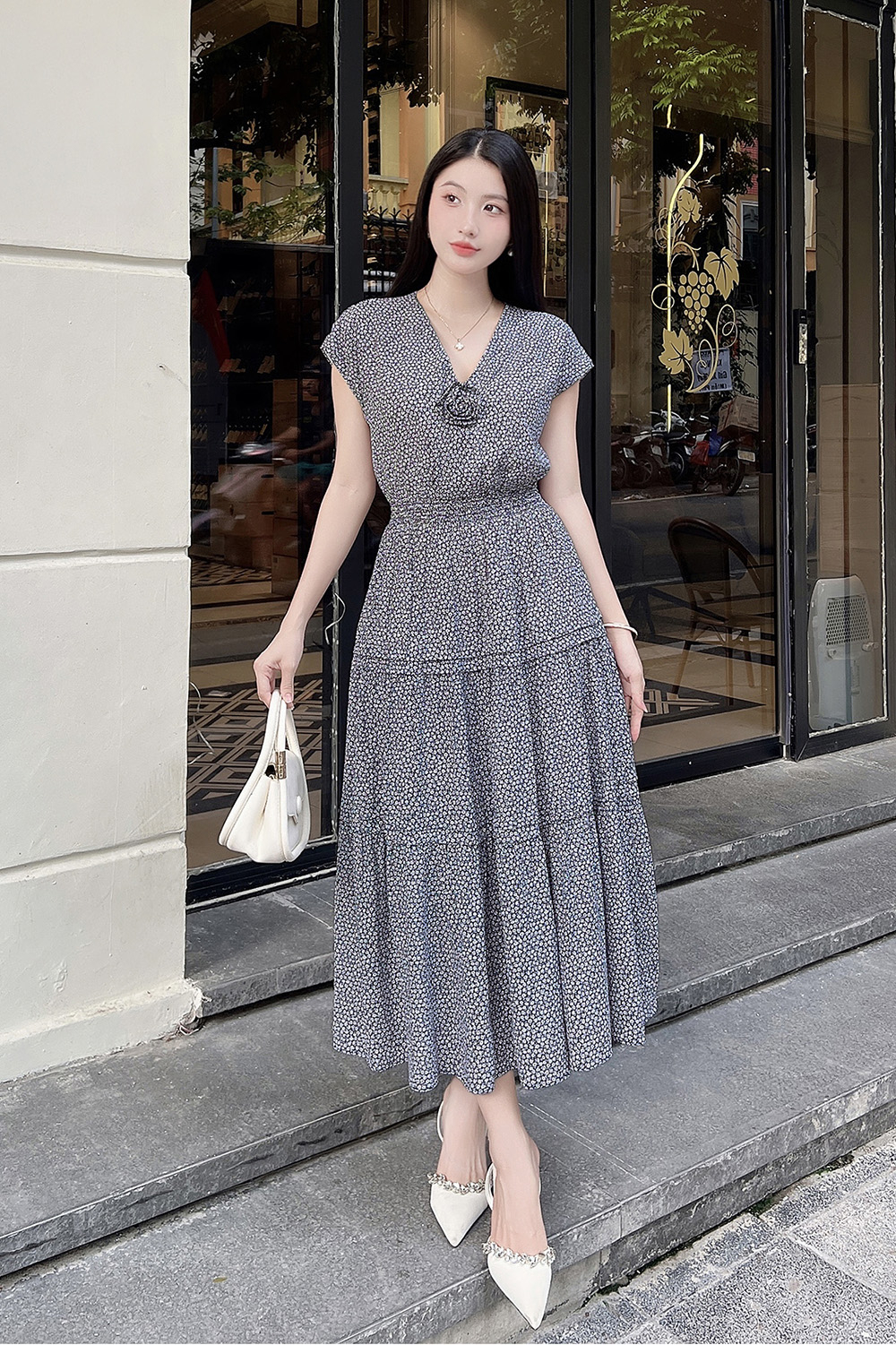 Đầm hoa nhí dáng xòe dài eo bo chun