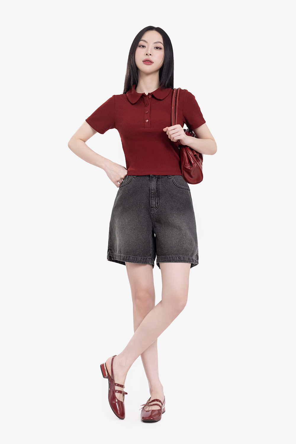 Quần short jean màu xám đen phối túi