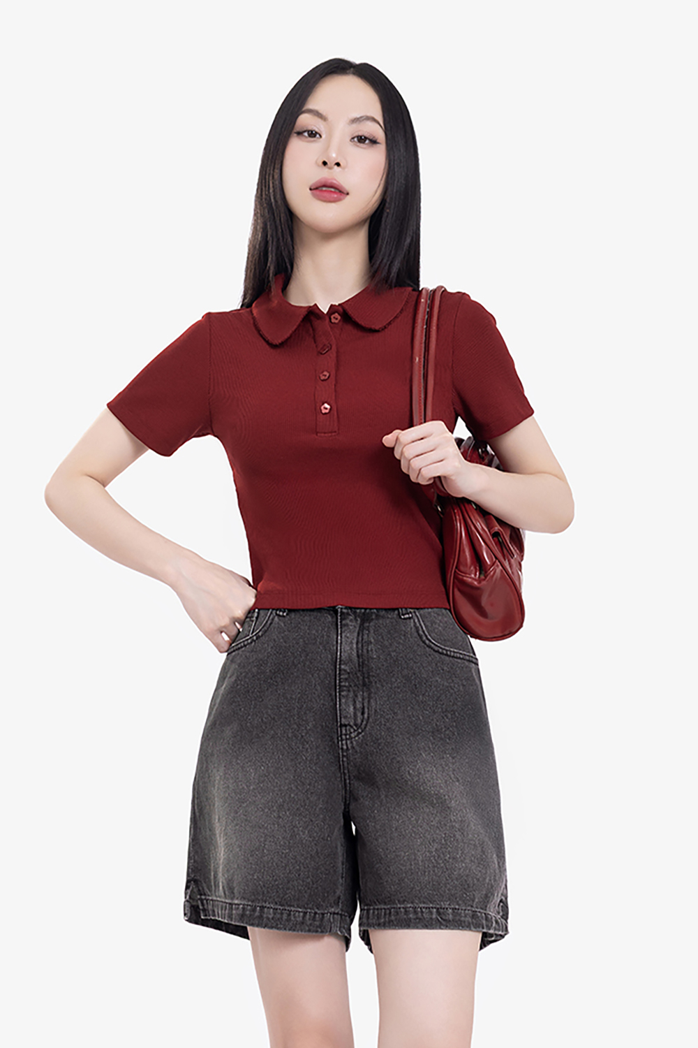 Áo thun gân cotton cổ sen màu đỏ