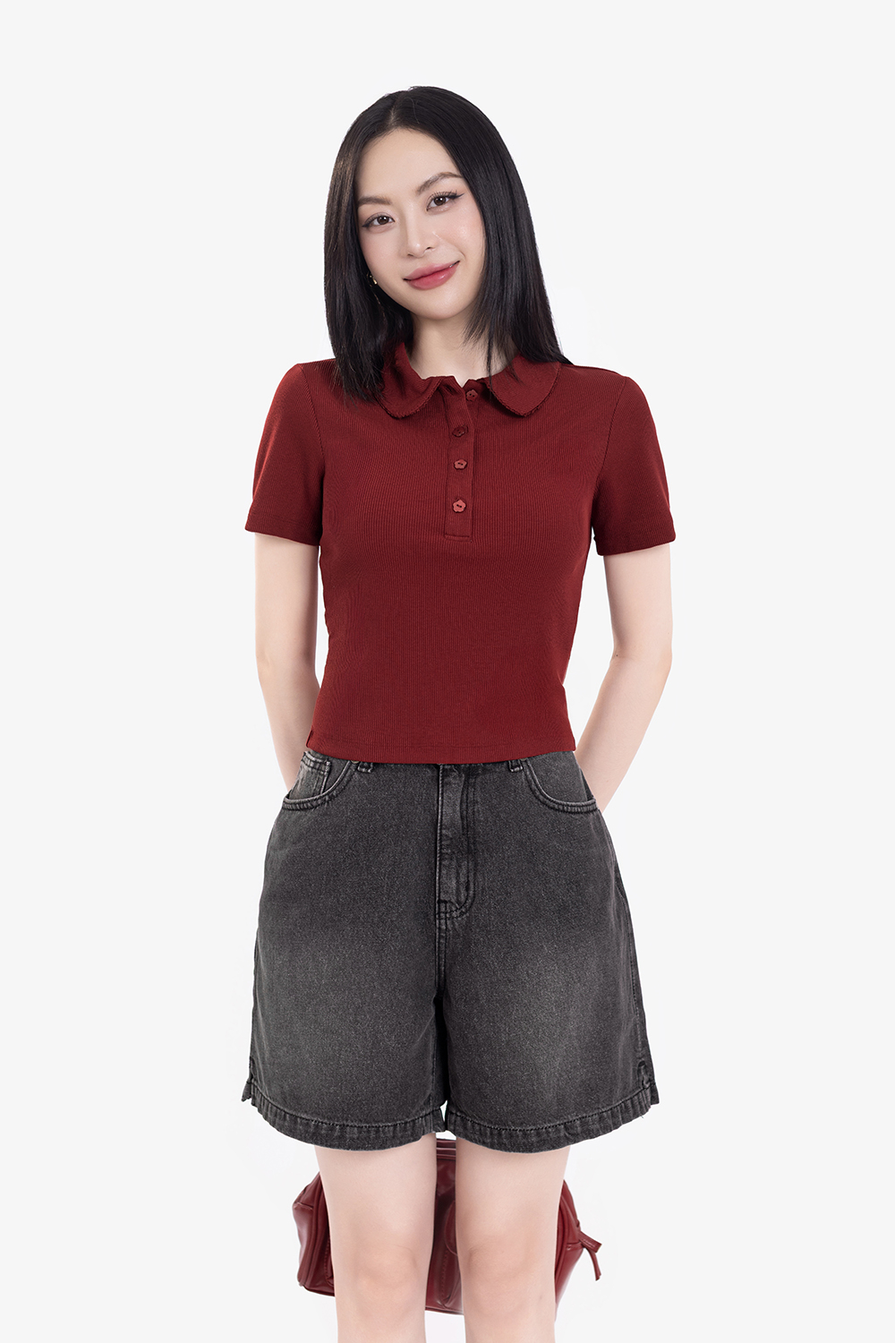 Áo thun gân cotton cổ sen màu đỏ