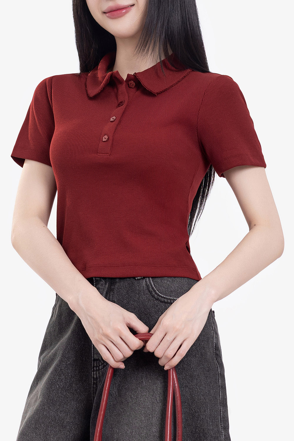 Áo thun gân cotton cổ sen màu đỏ