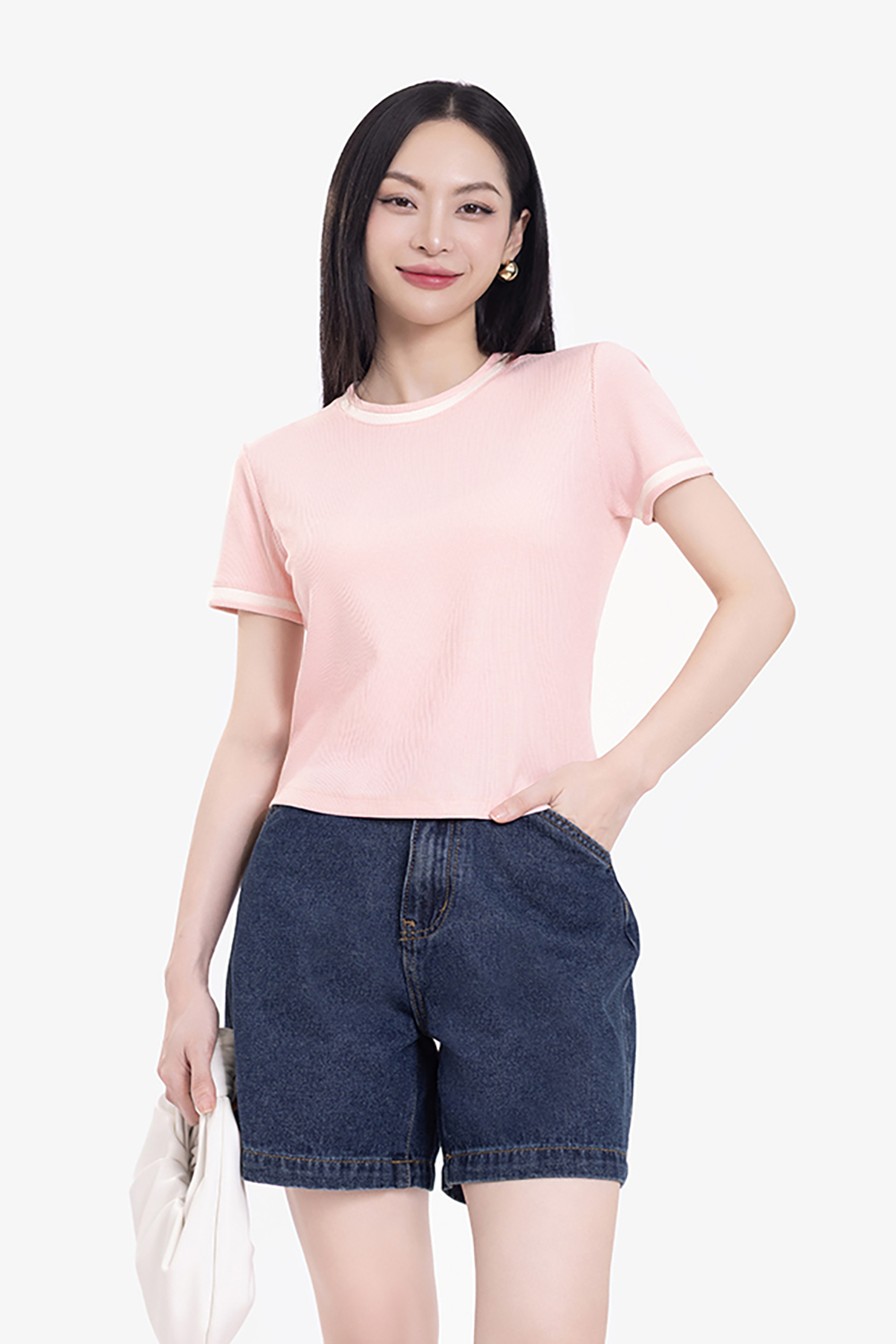 Áo thun gân cotton màu hồng viền trắng