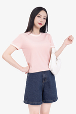 Áo thun gân cotton màu hồng viền trắng