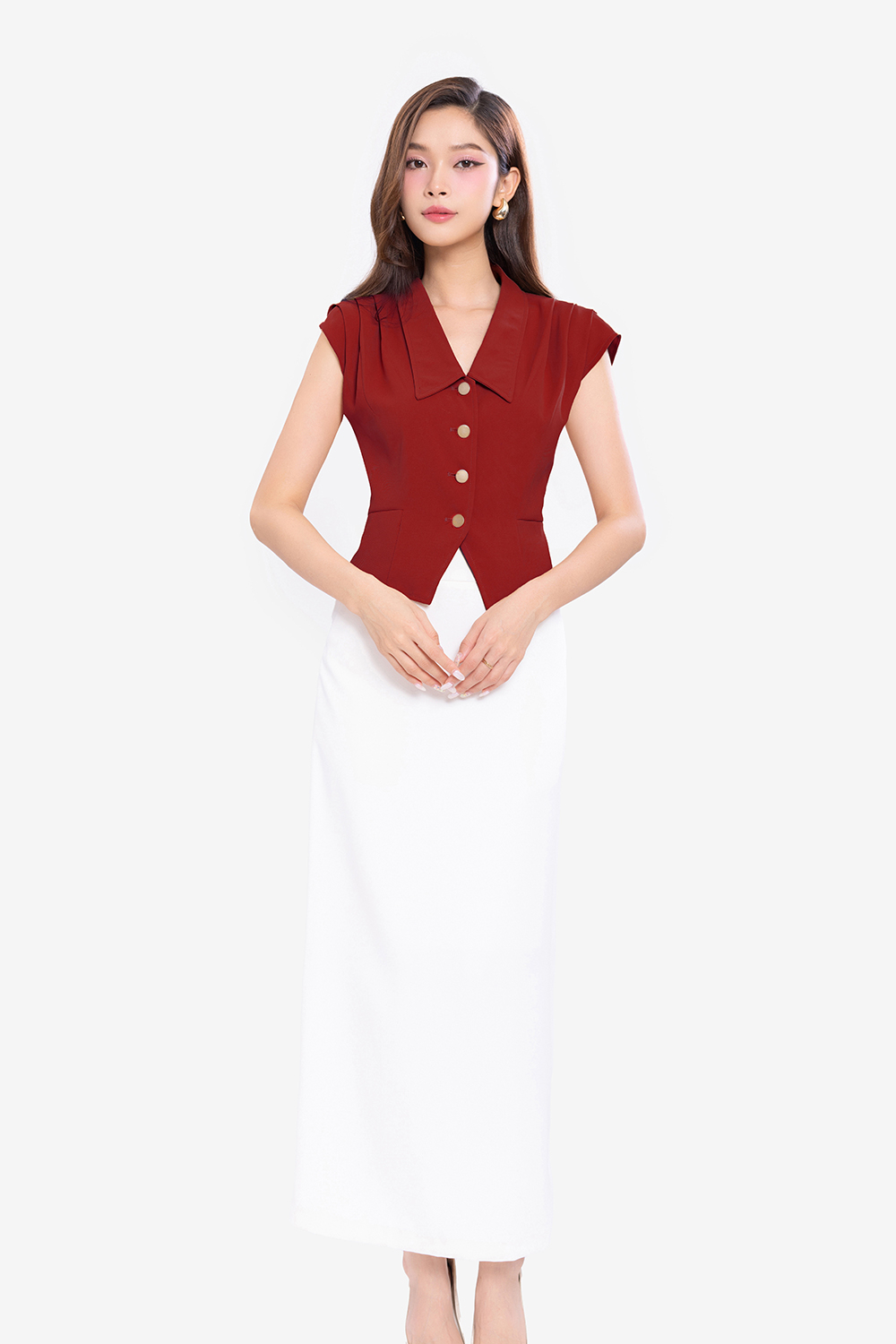 Áo kiểu nữ xếp ly vai màu đỏ