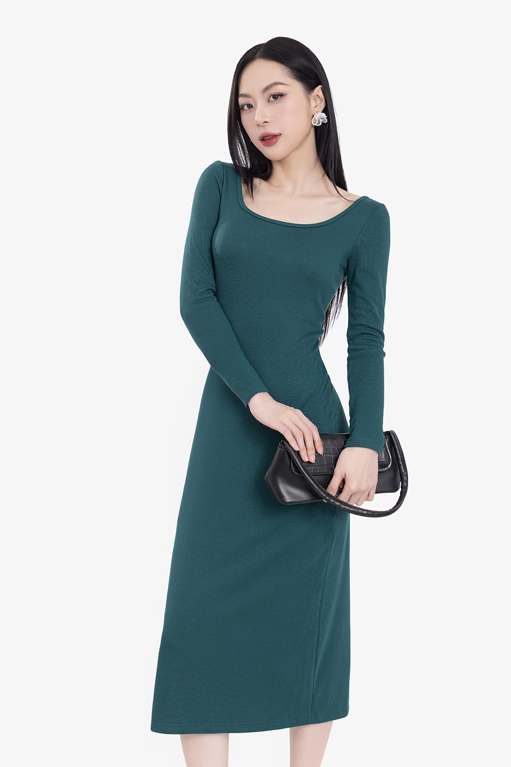 Đầm thun ôm body dáng dài màu xanh