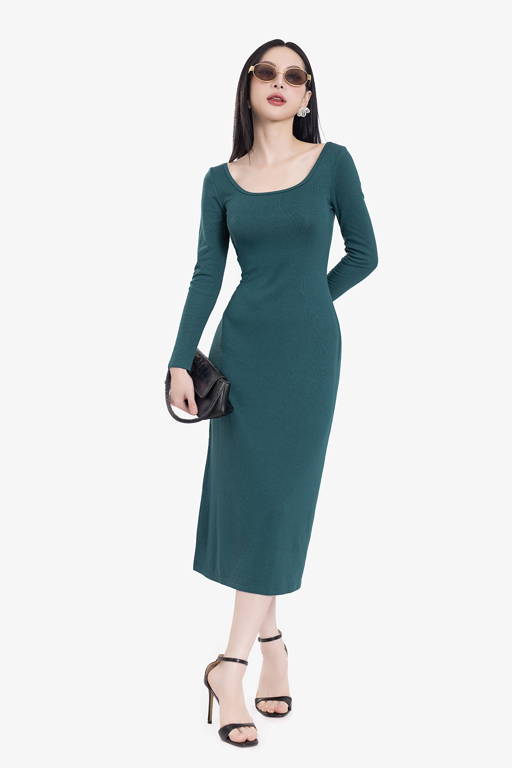 Đầm thun ôm body dáng dài màu xanh