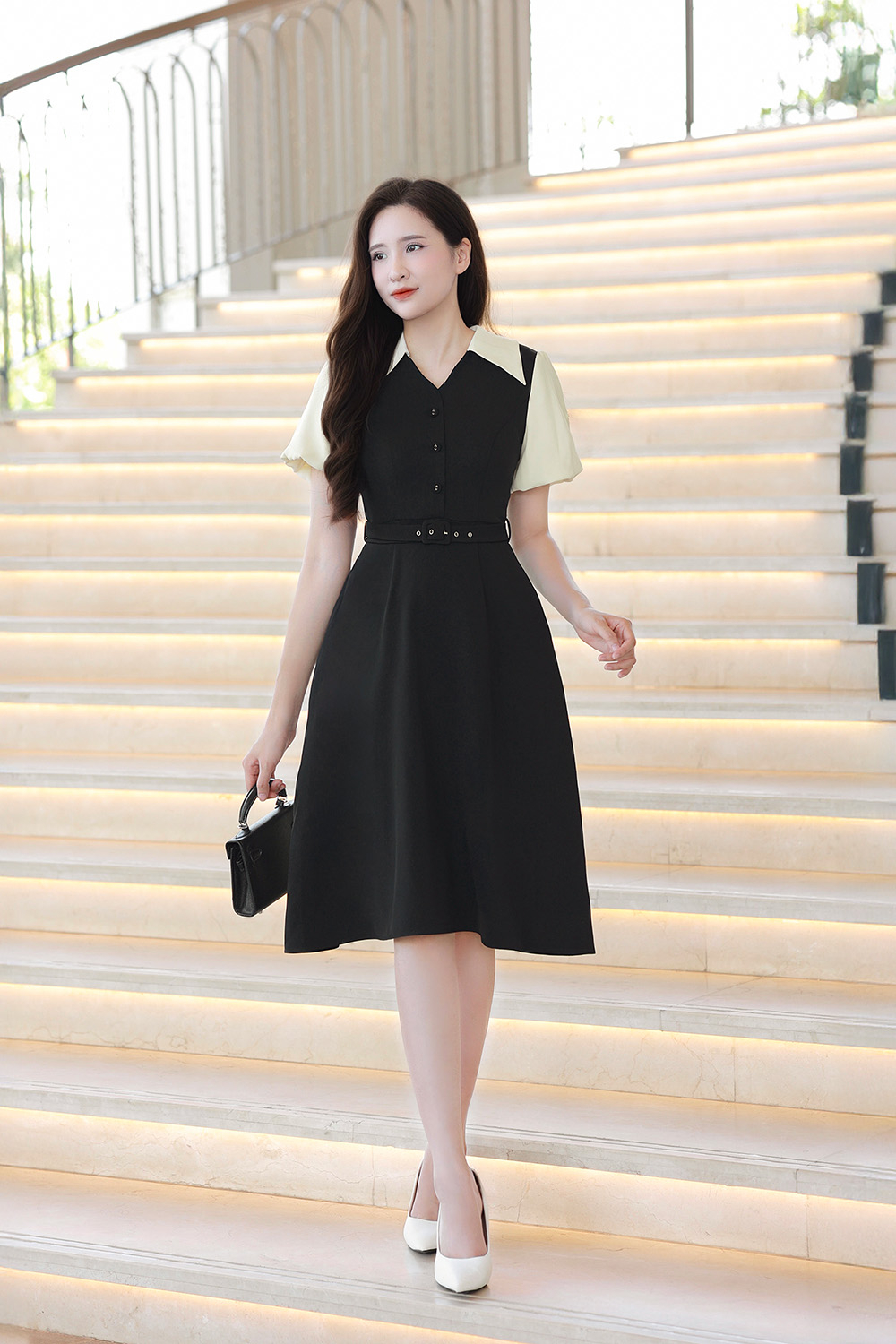 Đầm đen công sở phối màu