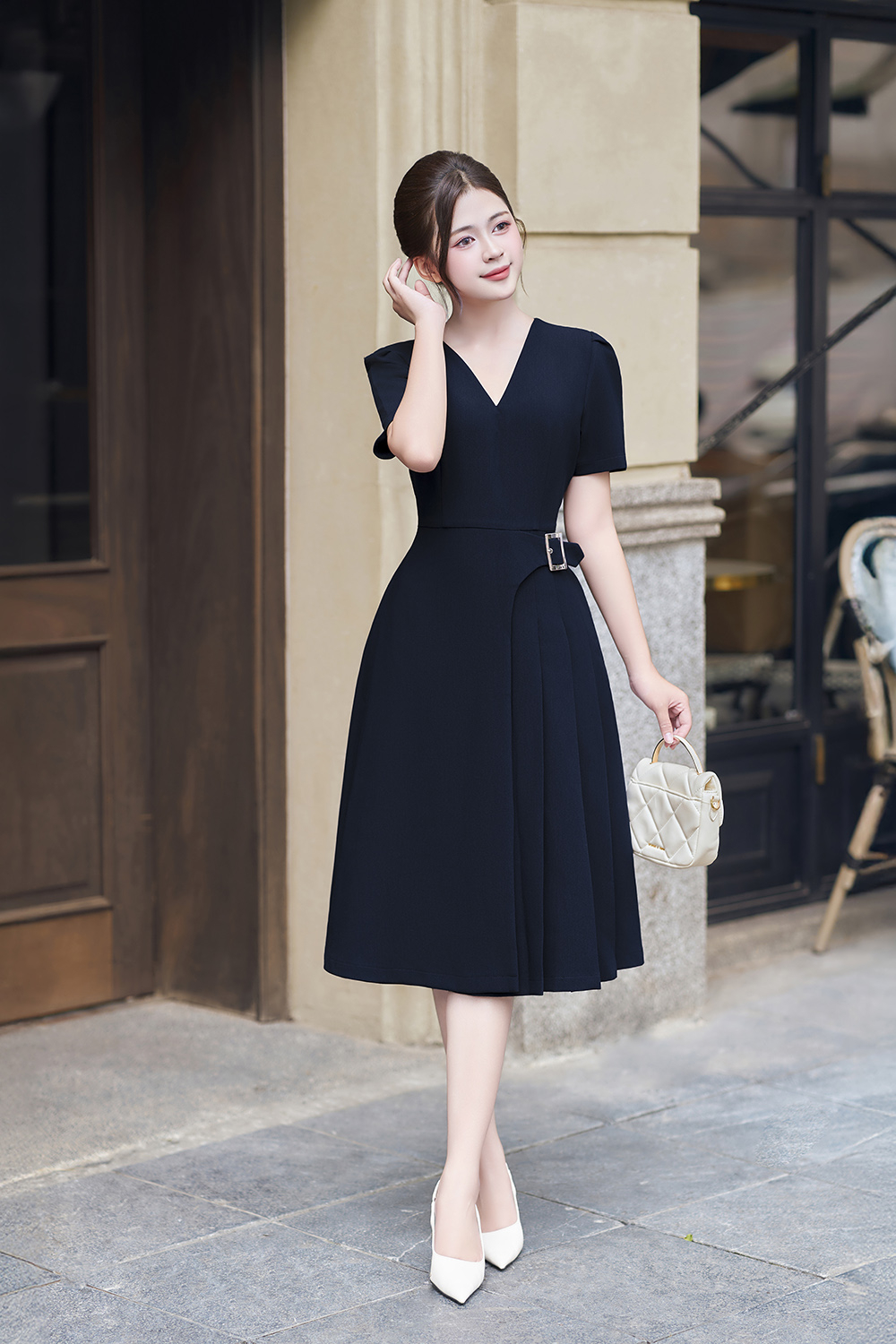 Đầm xòe công sở phối xếp ly một bên