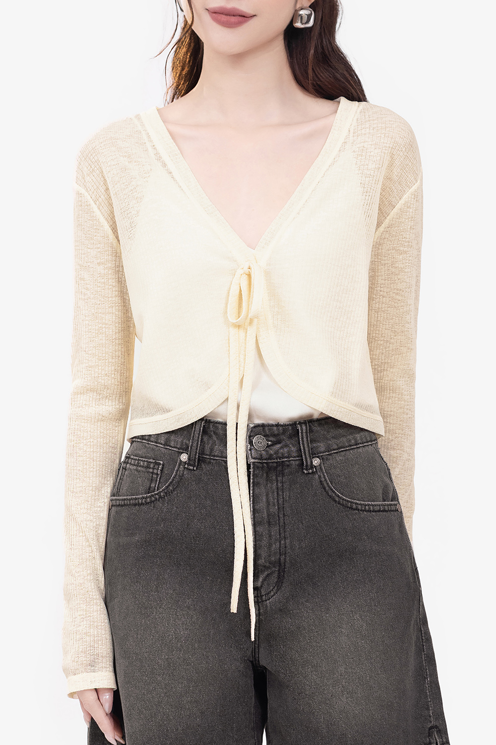 Áo khoác cardigan màu kem buộc dây eo