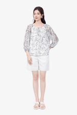 Áo kiểu nữ màu trắng họa tiết đen