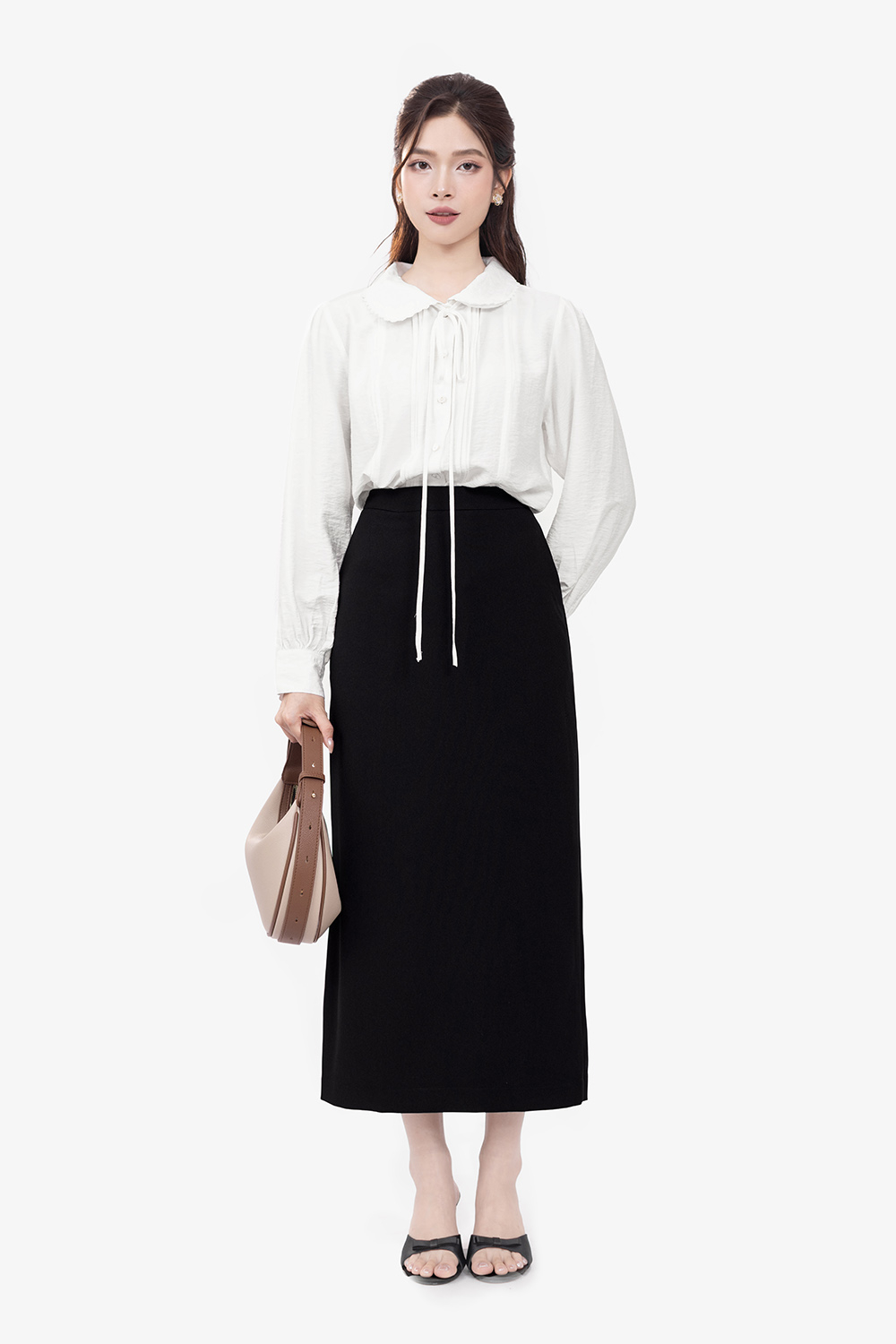 Áo sơ mi trắng cổ sen thắt nơ